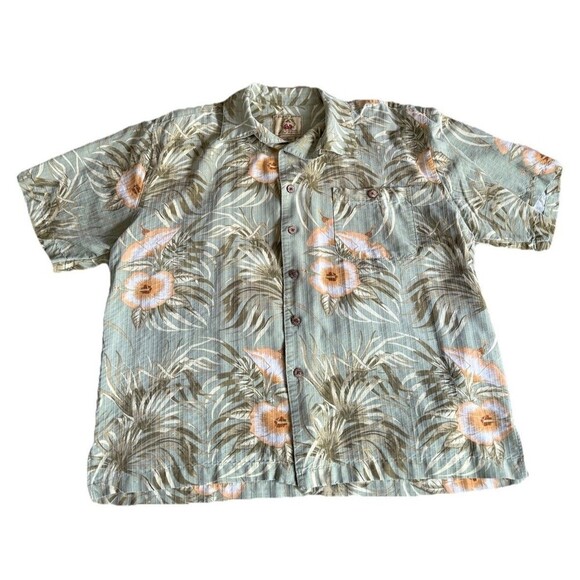 Joe Marlin Mens Hawaiian Shirt XL Green Hibiscus Floral Short Sleeve Button Up - Picture 1 of 3